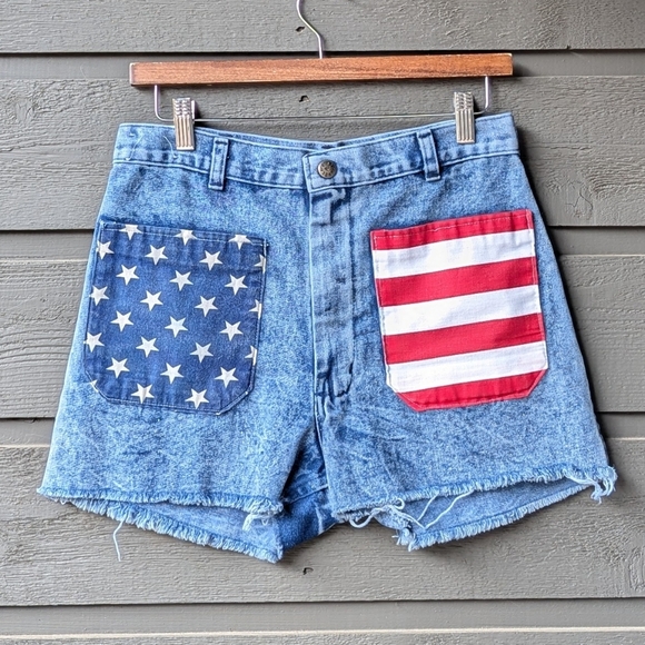 Vintage 80s Navdungaree American Flag Jean Shorts Cutoffs Size 31 Patchwork - Picture 9 of 9